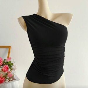 One-Shoulder Black Ruched Women’s Top